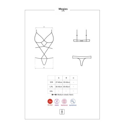 Desenho técnico de teddy Megies com medidas e ícones de características do produto