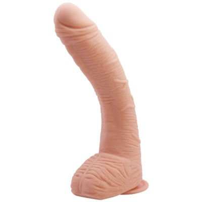 dildo em silicone cor pele com textura realista e base em formato de testículos