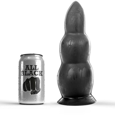 Lata prateada com texto ALL BLACK e objeto negro segmentado com gotas de água