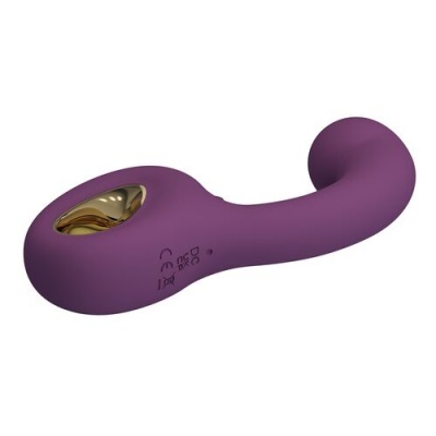 Vibrador roxo com detalhe dourado e inscrições DC, CE, símbolo de reciclagem.