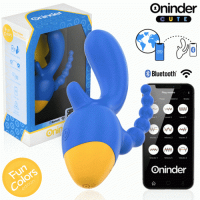 Produto vibratório azul e amarelo com controlo via app móvel e conectividade Bluetooth