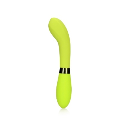 Vibrador curvo de silicone amarelo com detalhe metálico na base