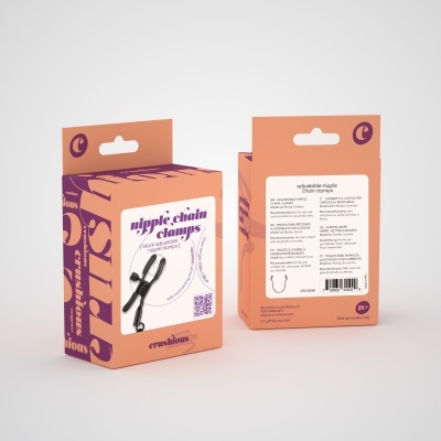 Caixas de embalagem de tom cor de salmão e roxo para clamps de mamilos ajustáveis com corrente preta e texto em inglês.