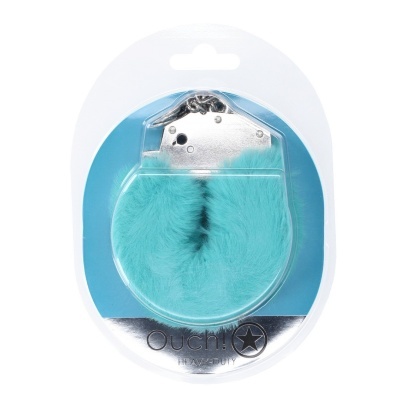 Algemas metálicas com pelúcia azul claro em embalagem plástica transparente