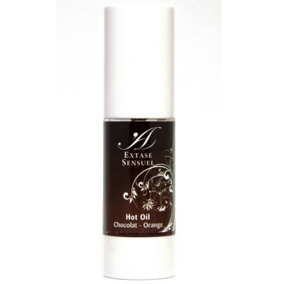 Frasco branco com rótulo preto e texto lExtase Sensuel Hot Oil Chocolat - Orange