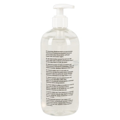Frasco plástico transparente com bomba doseadora branca e texto multilíngue