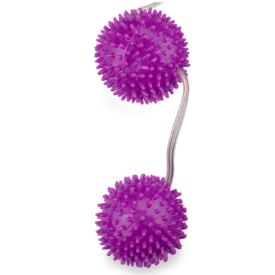 massageador roxo com duas esferas espinhosas ligadas por estrutura metálica