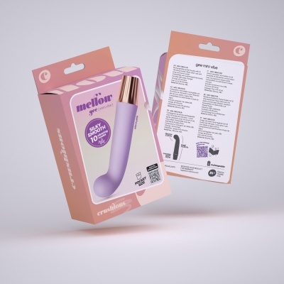 Caixas cor-de-rosa com vibrador pequeno lilás com ponta dourada, texto mellow gee {mini vibe}