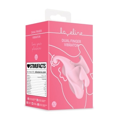 Embalagem rosa de vibrador dual finger com informações técnicas e logótipo