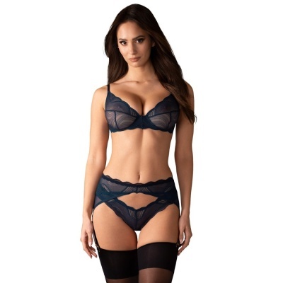Conjunto de lingerie azul escuro transparente com padrão geométrico e meia preta.