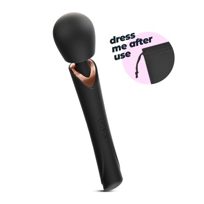 Massajador corporal preto com detalhes em cobre e texto dress me after use