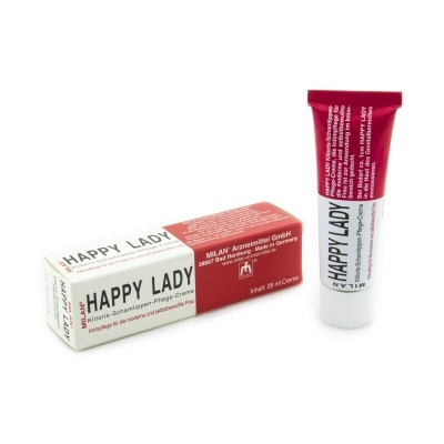 Tubo e caixa do creme HAPPY LADY para cuidados íntimos femininos, branco e vermelho com texto em alemão.