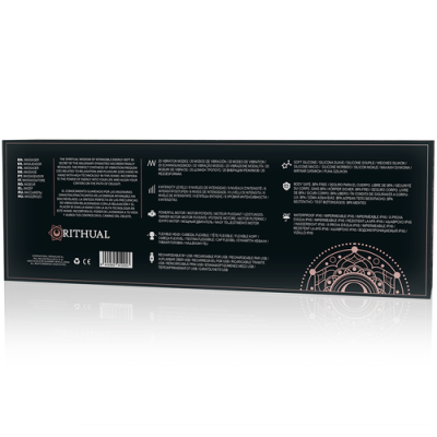 Embalagem preta do produto RITHUAL com texto e padrão decorativo circular bege