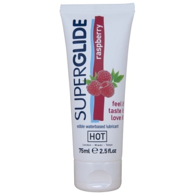 Frasco branco de lubrificante comestível sabor framboesa SUPERGLIDE 75ml