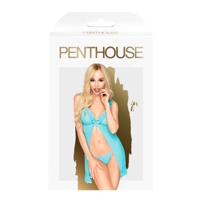 Embalagem de lingerie Penthouse azul com modelo feminino na frente