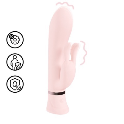 Vibrador rosa com acessório em forma de orelhas de coelho em fundo branco