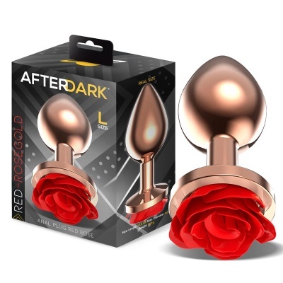 Plug anal metálico rose gold com base de rosa vermelha e embalagem preta