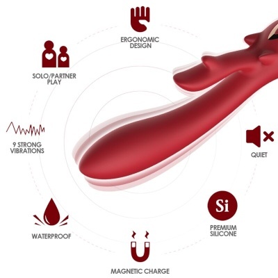 Produto vermelho ergonómico de silicone para uso solo ou parceiro, à prova de água e com vibrações