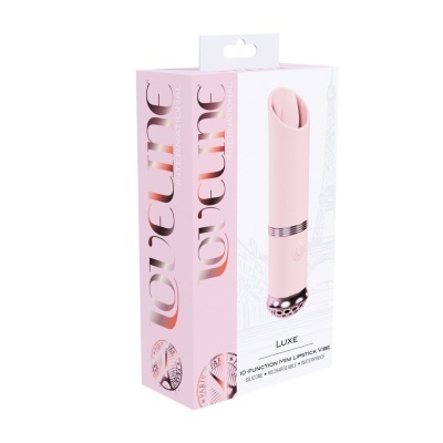 Caixa de vibrador mini lipstick cor rosa com detalhes em rosa e branco e ilustração da Torre Eiffel