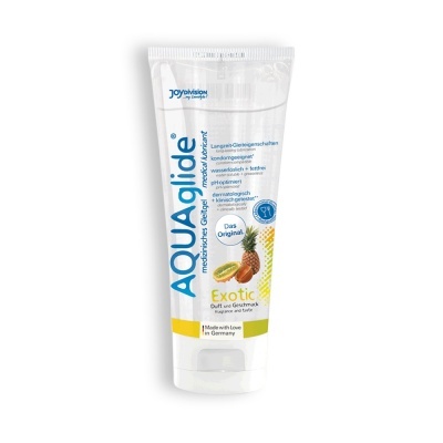 Frasco branco de gel lubrificante médico AQUAglide com design exótico e frutas
