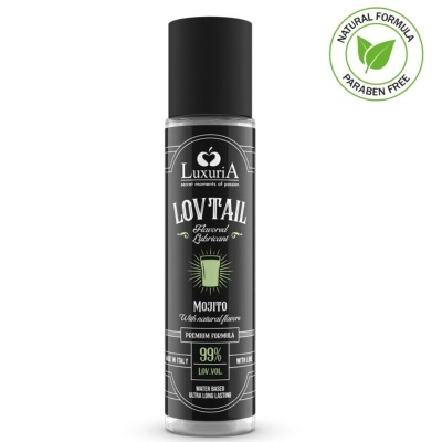 Frasco de lubrificante aromatizado Luxuria Lov Tail sabor Mojito com selo natural e paraben free