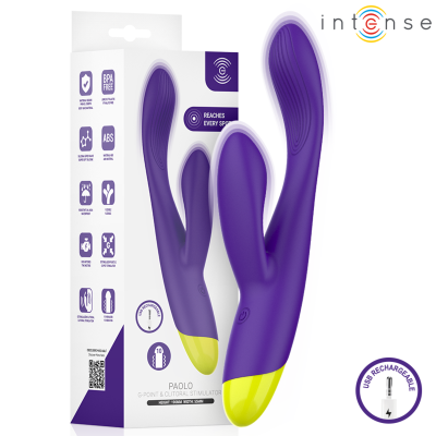 Estimulador roxo com base amarela para ponto G e clitóris, silicone, textura ondulada, embalagem branca.