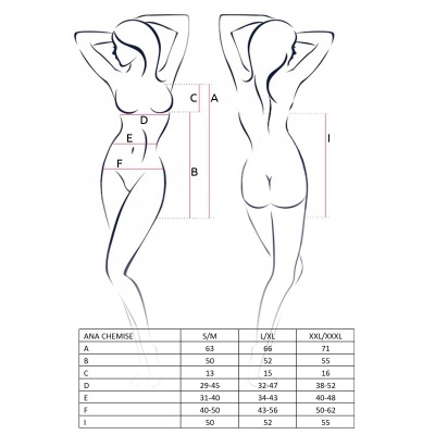 Ilustrações de figura feminina com linhas que indicam medidas corporais e tabela de tamanhos ANA CHEMISE