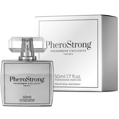 Frasco de perfume PheroStrong e caixa branca com texto preto