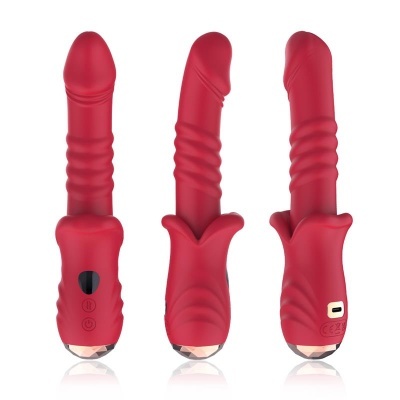 Três vibradores vermelhos em silicone com base detalhada exibidos lado a lado