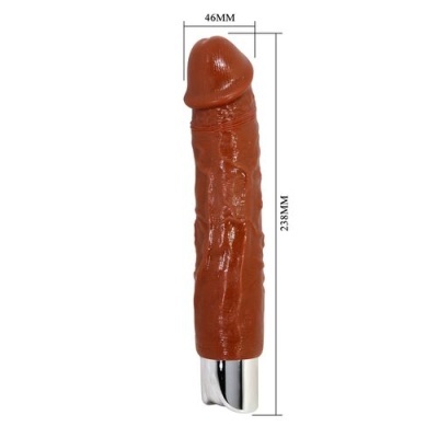 Vibrador castanho com textura realista e base prateada, dimensão mostrada