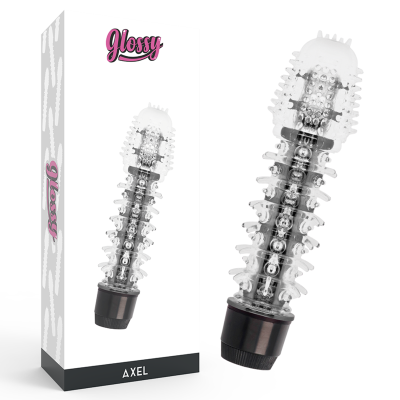 Vibrador transparente texturizado com base preta e embalagem branca com texto Glossy e AXEL