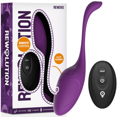 Produto sexual roxo com controle remoto preto e embalagem branca com texto