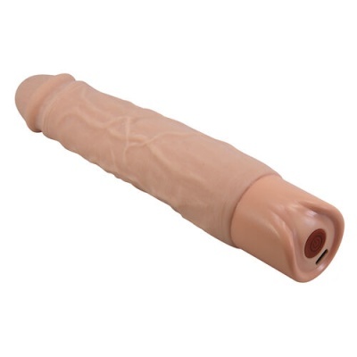Vibrador realista cor de pele com textura veiculada e botão de energia vermelho na base