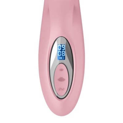 Dispositivo rosa com ecrã digital e três botões