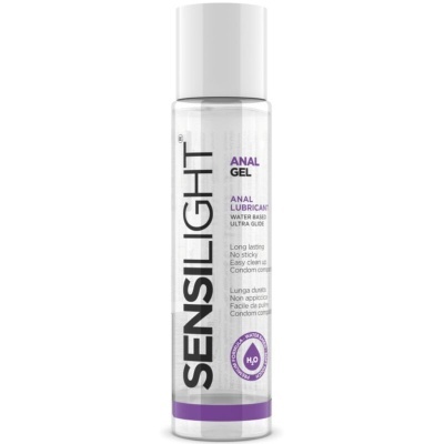 Frasco transparente de lubrificante anal Sensilight com tampa branca e texto preto e roxo