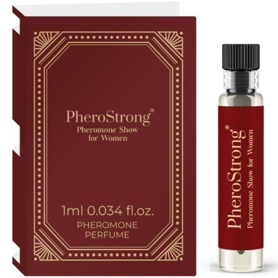 Frasco de perfume de feromona PheroStrong para mulheres e sua caixa vermelha com texto dourado.