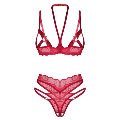 Conjunto de lingerie vermelho em renda com tiras e argolas douradas