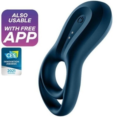 Dispositivo azul escuro com design ergonómico e texto promocional ao lado.