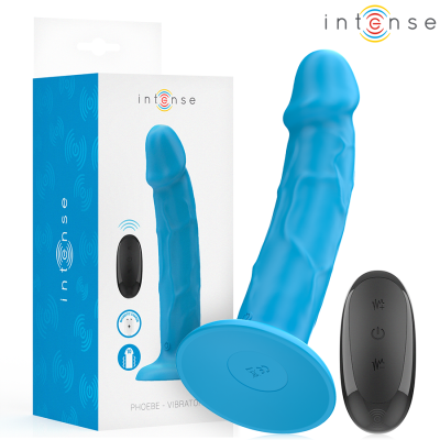 Vibrador azul com comando remoto preto e caixa da marca intense.
