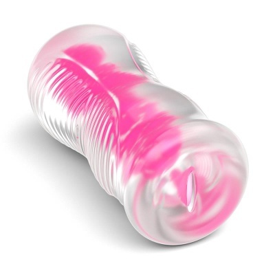 Produto cilíndrico transparente com interior rosa vibrante e textura ondulada