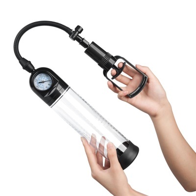 Bomba de sucção masculina com cilindro transparente e manómetro analógico preto