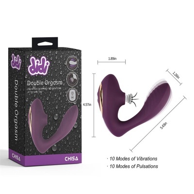 Vibrador roxo com detalhes dourados e embalagem preta com texto Double Orgasm