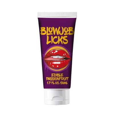 Frasco roxo com tampa branca e texto amarelo de gel com lábios vermelhos brilhantes desenhados.