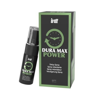 Frasco e caixa do spray retardante DURA MAX POWER preto e verde da marca intt com símbolo de relógio.