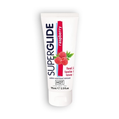 Frasco branco de lubrificante com framboesas e texto SUPERGLIDE raspberry