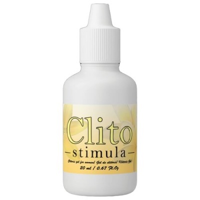 Frasco branco com rótulo amarelo e texto preto de gel estimulante íntimo