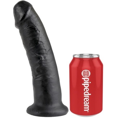 Dildo preto realista ao lado de lata vermelha com texto pipedream