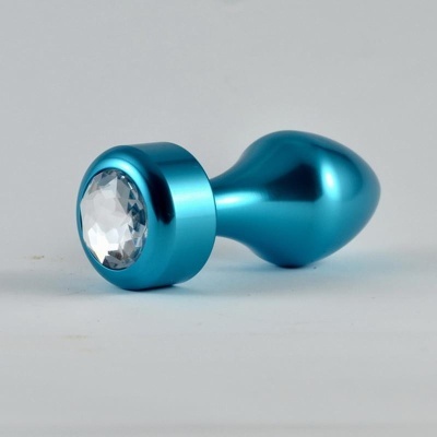 Plug anal metálico azul com pedra translúcida na base