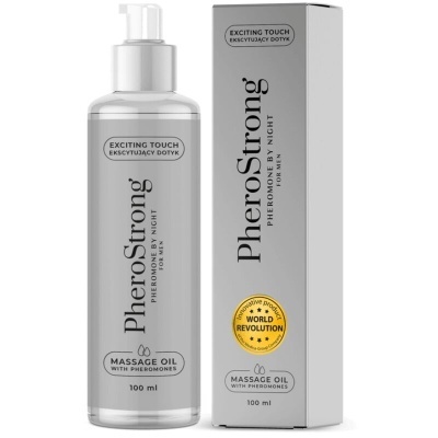 Frasco e caixa cinzentos do óleo de massagem PheroStrong para homens com selo amarelo.