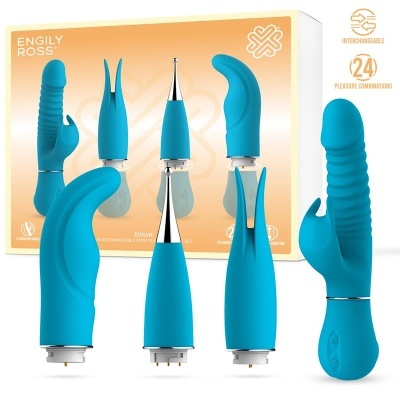 Conjunto de vibradores intercambiáveis em silicone azul e aço inoxidável com embalagem